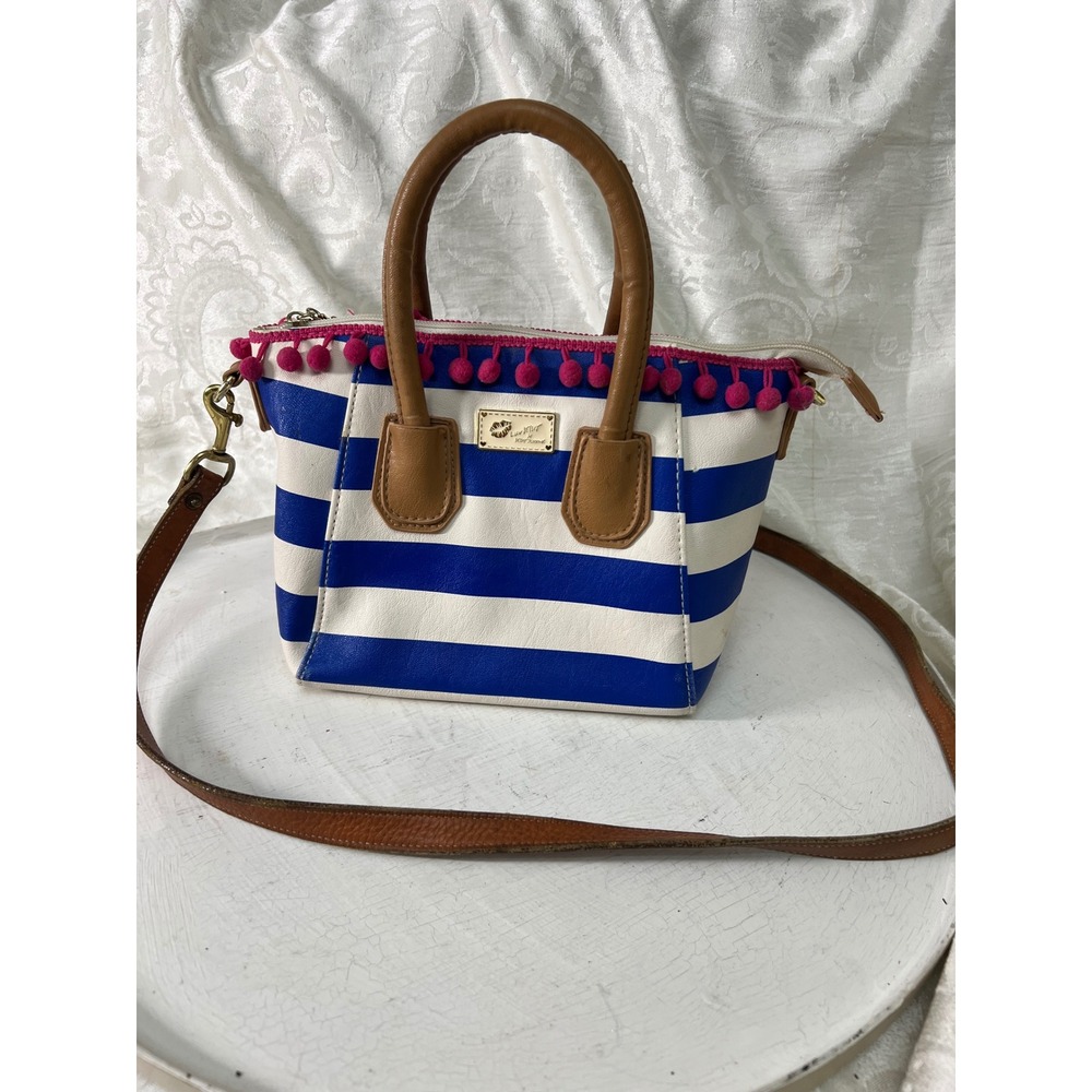 Luv Betsey by Betsey Johnson Blue White Striped Pom Pom Crossbody Satchel Bag